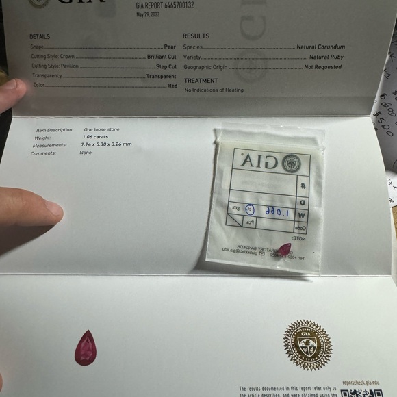 Very Rare 1.066 Carat Ruby, UNTREATED, Natural, Pear Shaped, GIA CERTIFIED - Picture 5 of 5